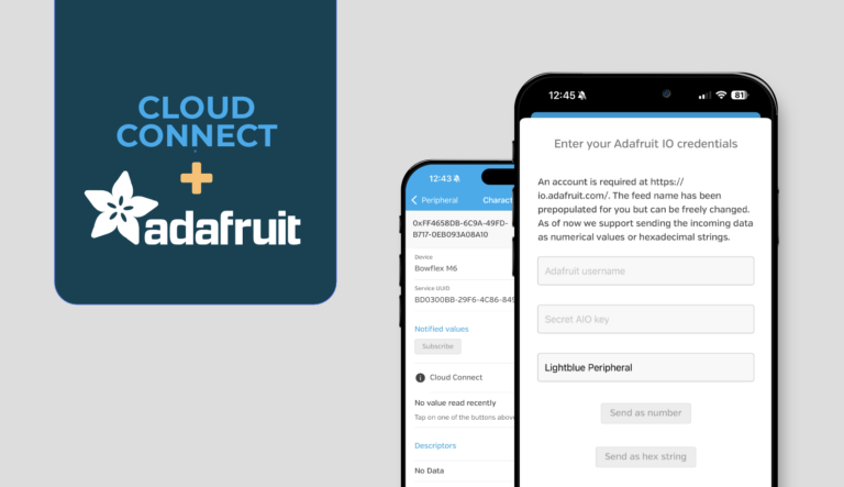 A screenshot of LightBlue's user interface for Cloud Connect functionality using Adafruit.