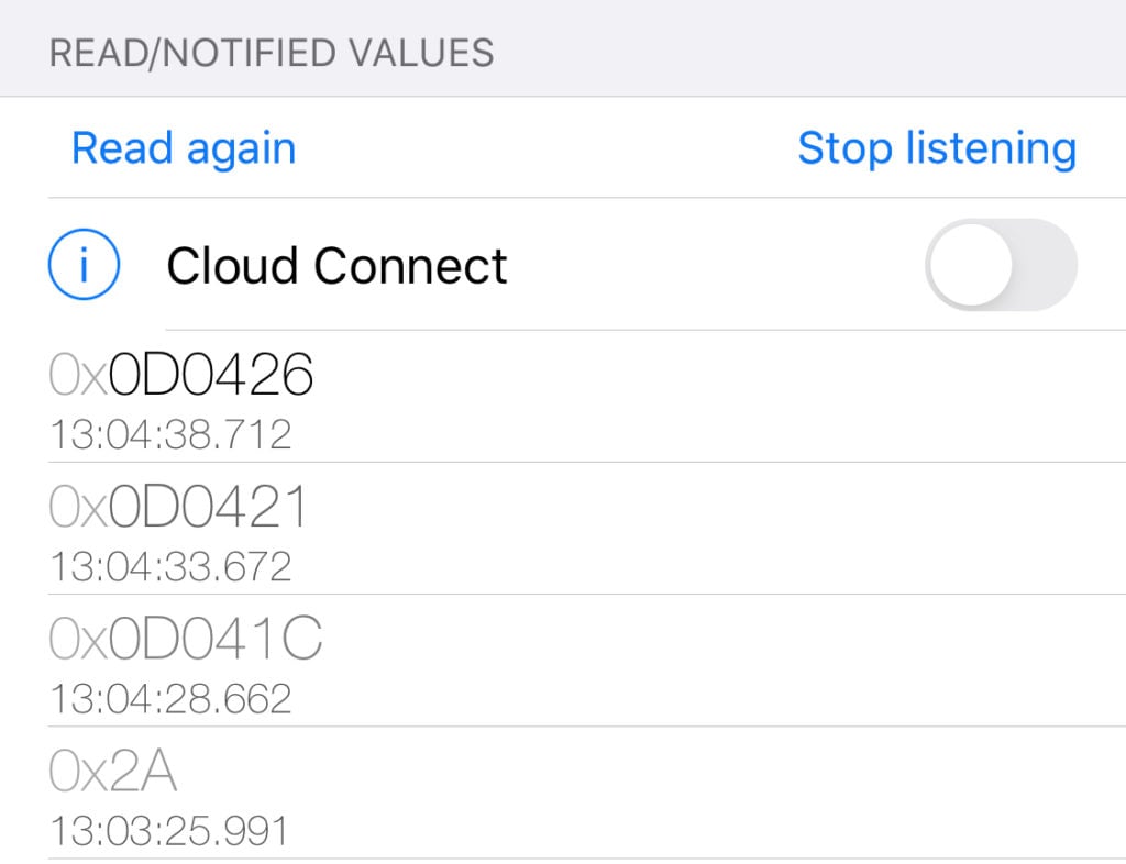iOS screenshot of read/notified values with cloud connect