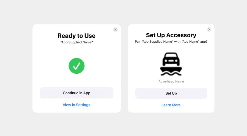 Two iOS accessory setup screens side-by-side. The left screen shows a green checkmark with the message "Ready to Use" and an option to continue in the app. The right screen prompts to "Set Up Accessory" with an icon of a car and a button to begin setup.