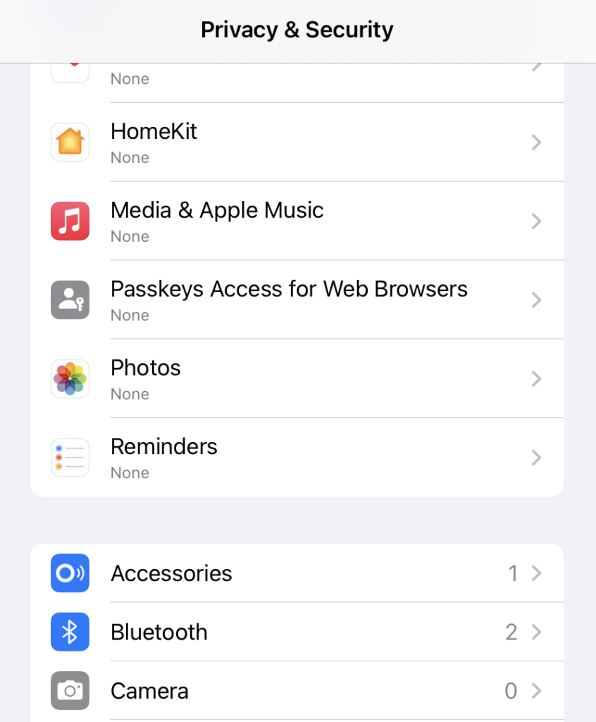 iOS Privacy & Security settings showing access categories like HomeKit, Media & Apple Music, and Accessories. The Accessories section indicates one app has access.