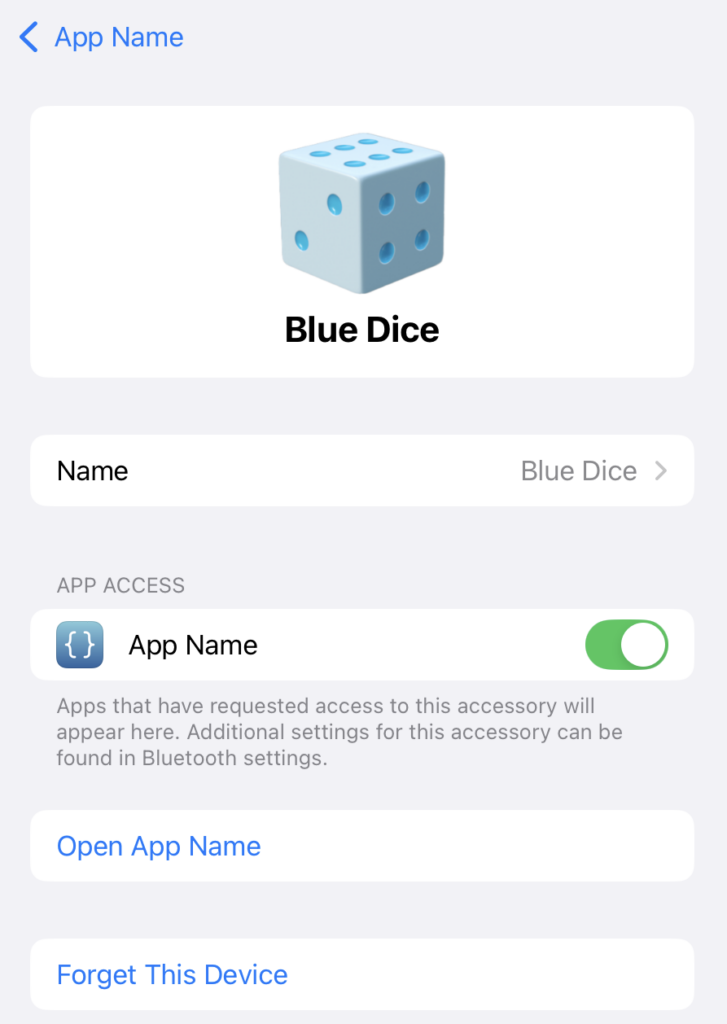 Device settings for “Blue Dice” showing “App Name” under app access with a toggle switch enabled, and options to open the app or forget the device.