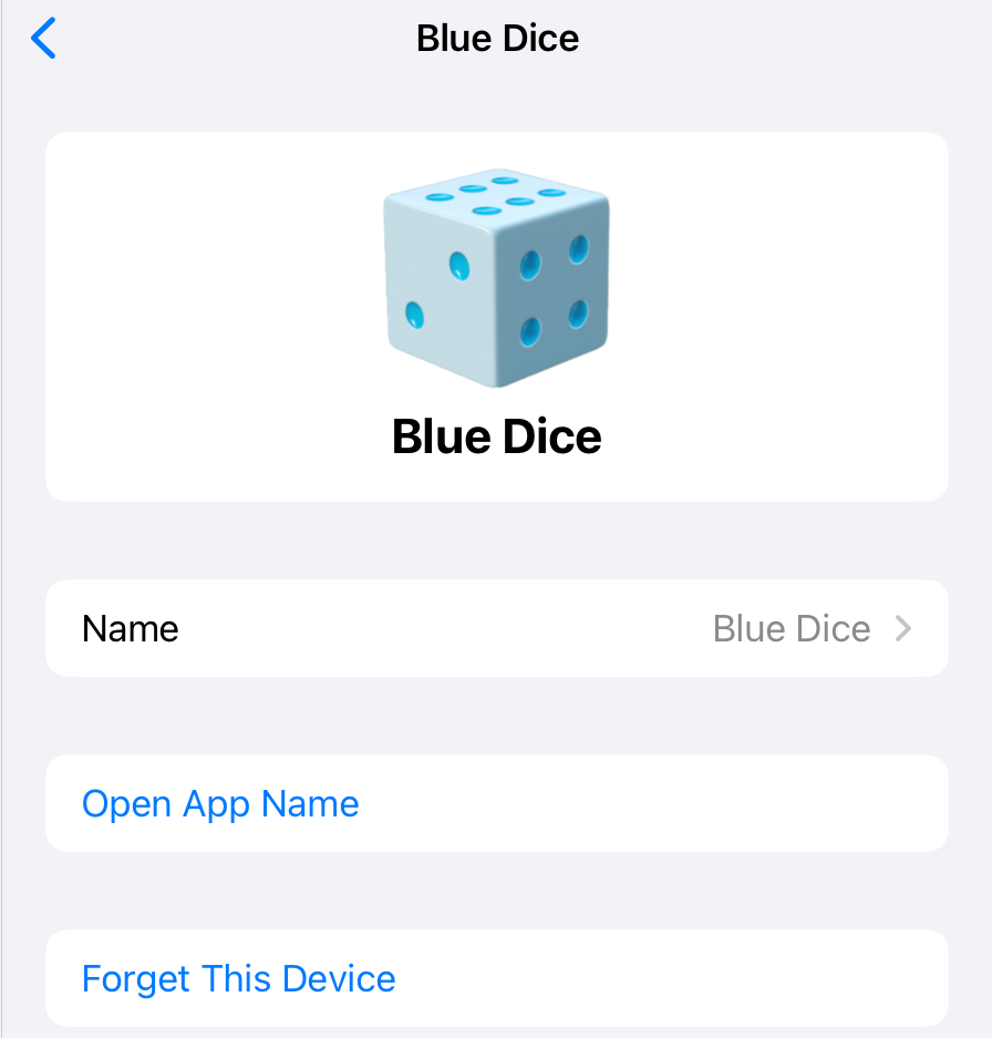 Bluetooth device detail screen showing "Blue Dice" as the connected accessory, with options to rename the device, open the related app, or forget the device.