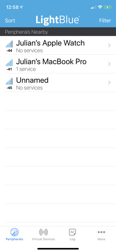 iOS screenshot of LightBlue connected devices