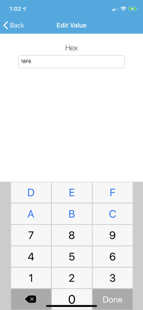 iOS screenshot of HEX value editor