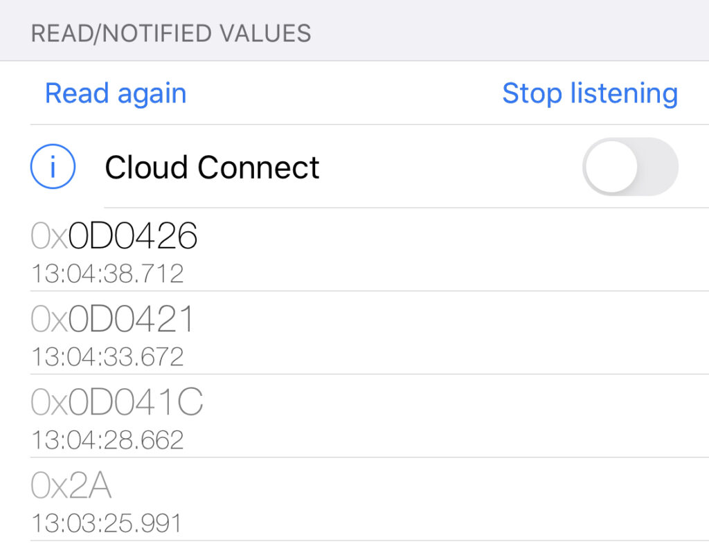 iOS screenshot of read/notified values with cloud connect