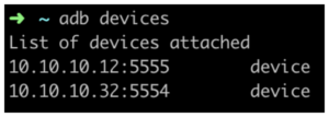 Android Debug Bridge Devices screenshot to test that both devices are set up
