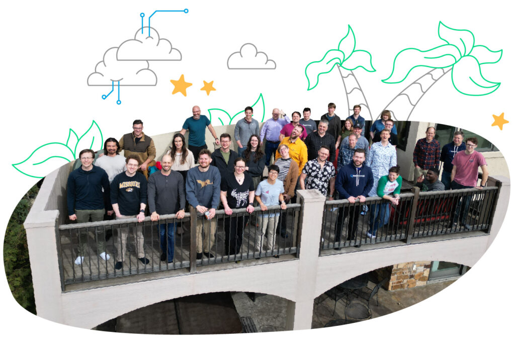 Yes, these people actually like each other. A group of engineers standing on a bridge.