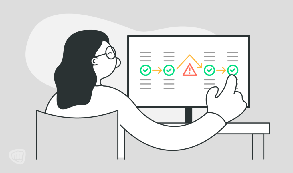 A woman looking at a computer screen with a path of green checkmarks that avoid a red caution symbol.