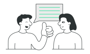 Two people with a speaking bubble above them and one giving the thumbs up.