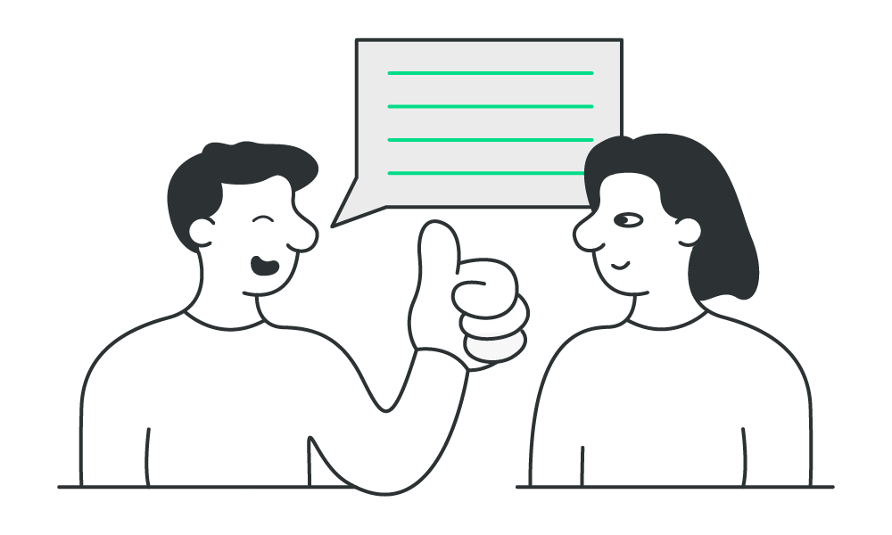 Two people with a speaking bubble above them and one giving the thumbs up.