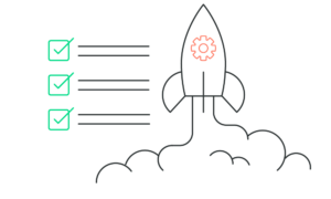 A rocket ship launching with check boxes next to it.