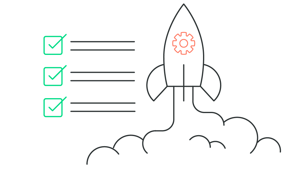 A rocket ship launching with check boxes next to it.