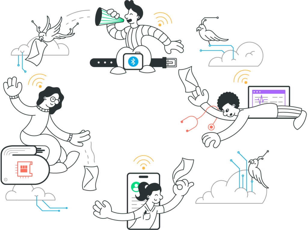 Illustration of a connected medical device ecosystem exchanging data across devices.