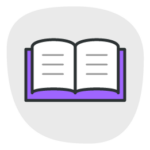 An open purple and white book with writing on it.