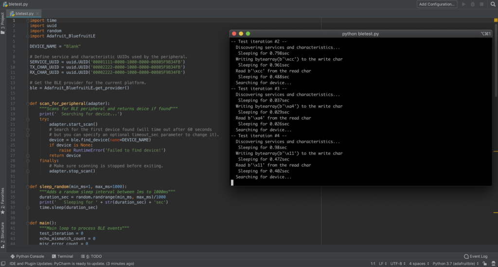 Python coding language on computer screen used to test Bluetooth Low Energy peripheral