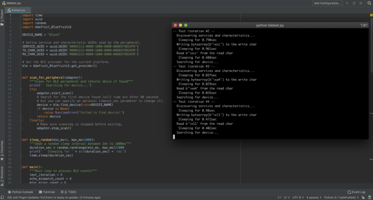 Python coding language on computer screen used to test Bluetooth Low Energy peripheral