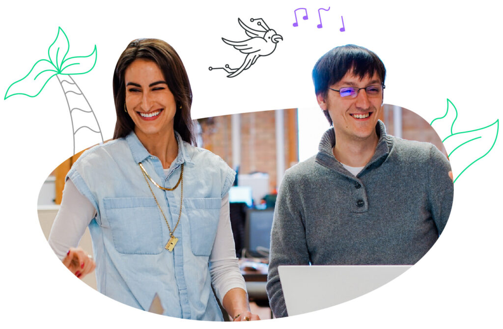 Culture that sings. A man and woman are smiling in the office with a bird signing above them.