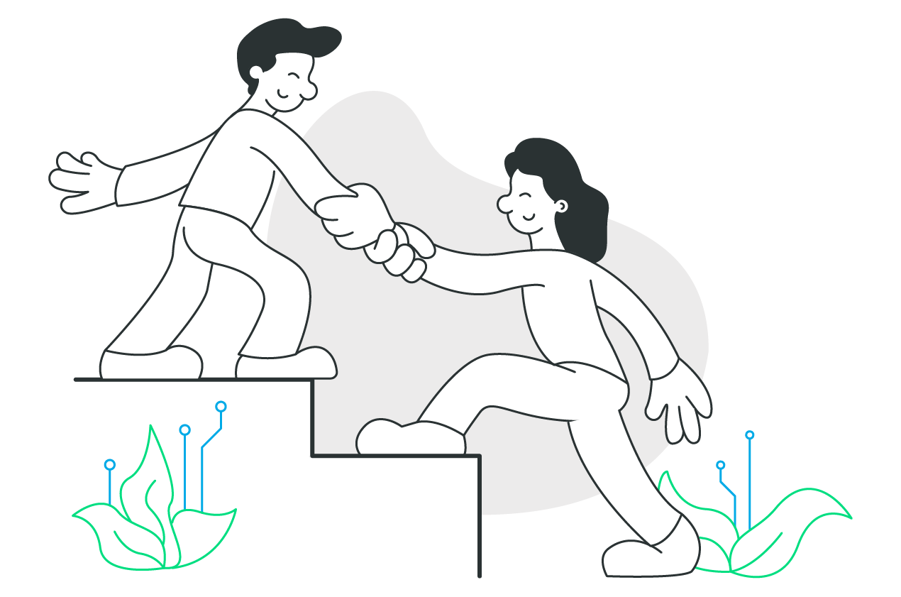A man helping a women up some stairs.