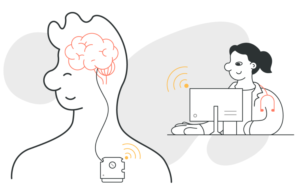 A women doctor sitting at a computer with a wireless signal connecting to cross-sectional view of a man with a neurological impant in his body.