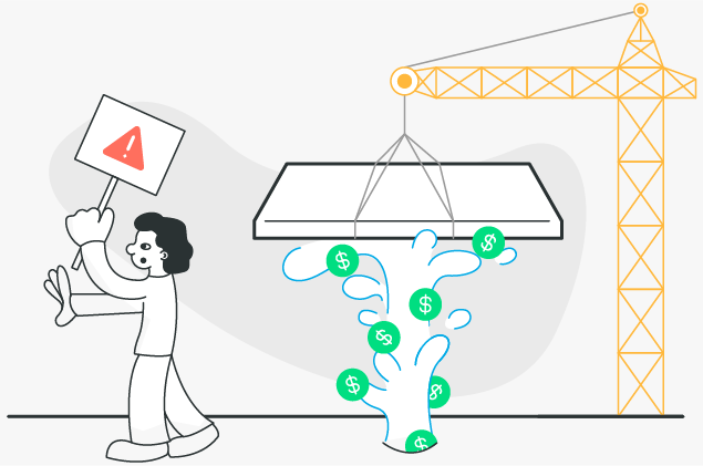 a cartoon of a man holding a sign next to a crane