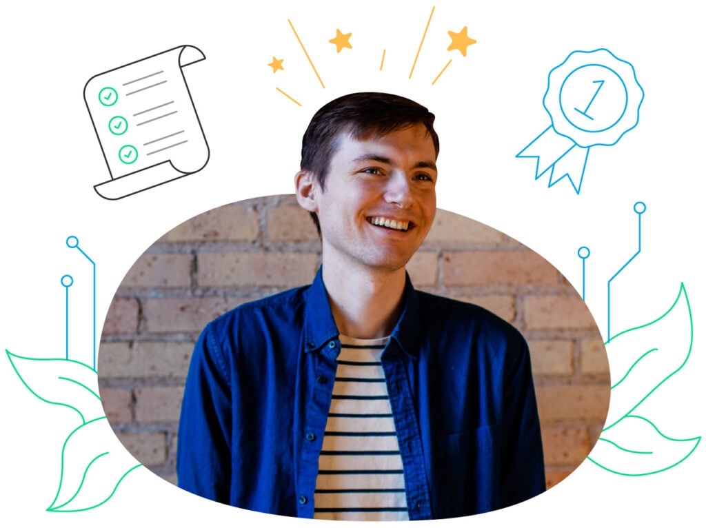 A man smiling with a blue shirt and accomplishments floating around him.