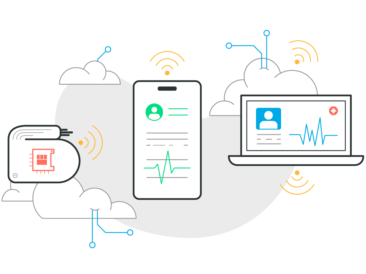 Keep calm and GATT on. A group of medical devices like an implant, mobile phone, and a laptop display patient data while wirelessly signaling each other.