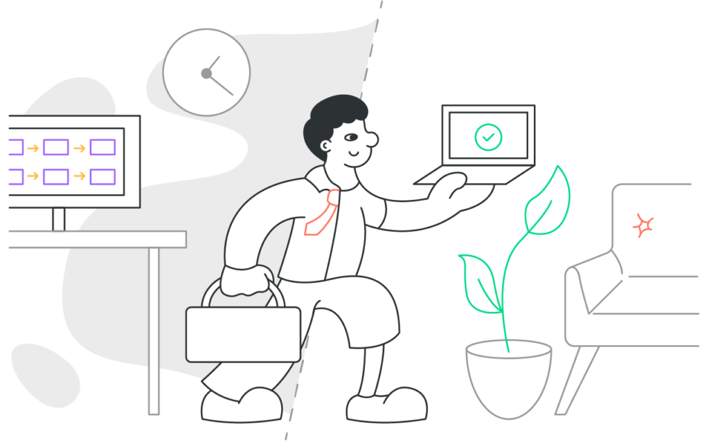 A man holding a laptop and a briefcase and moving from office to home living room.