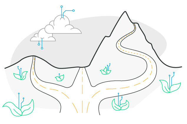 A road diverging over a hill, a mountain and through a valley.