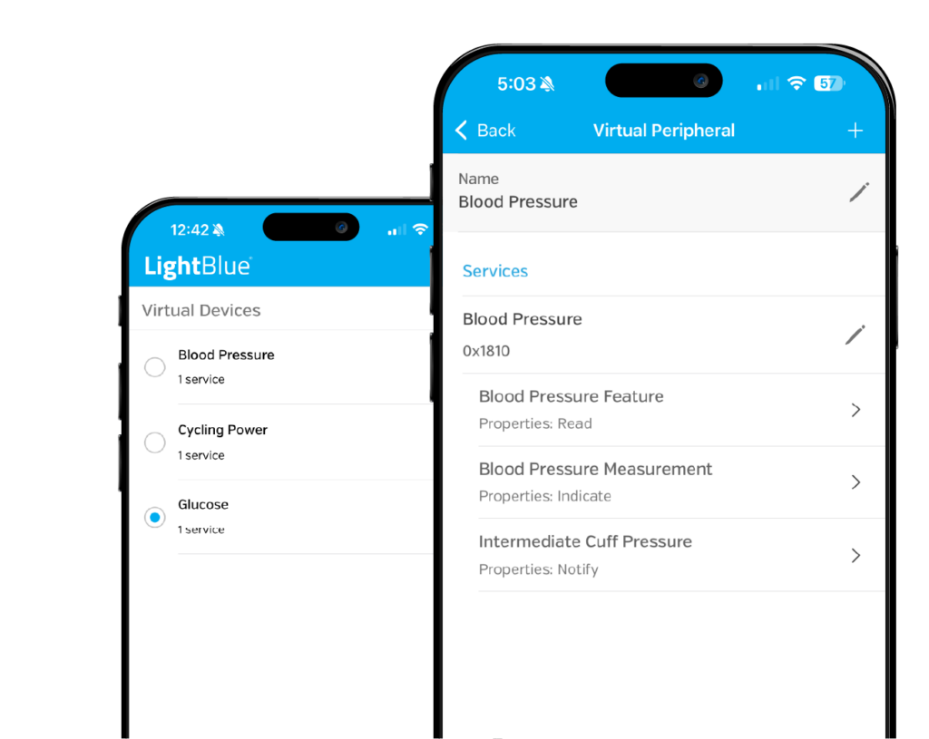 LightBlue app displaying Virtual Peripheral configuration interface