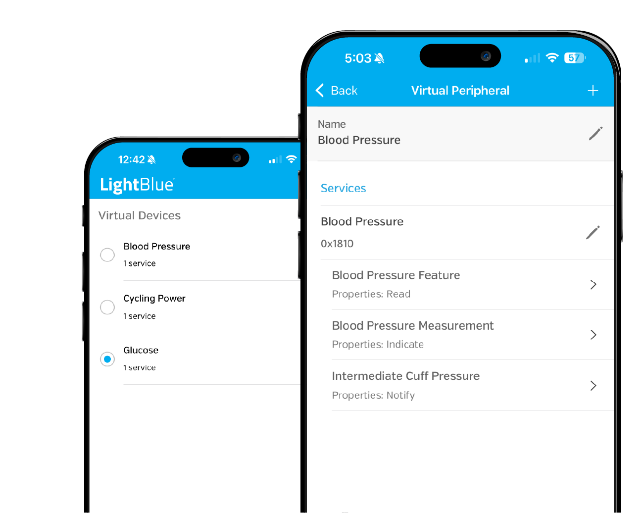 LightBlue app displaying Virtual Peripheral configuration interface