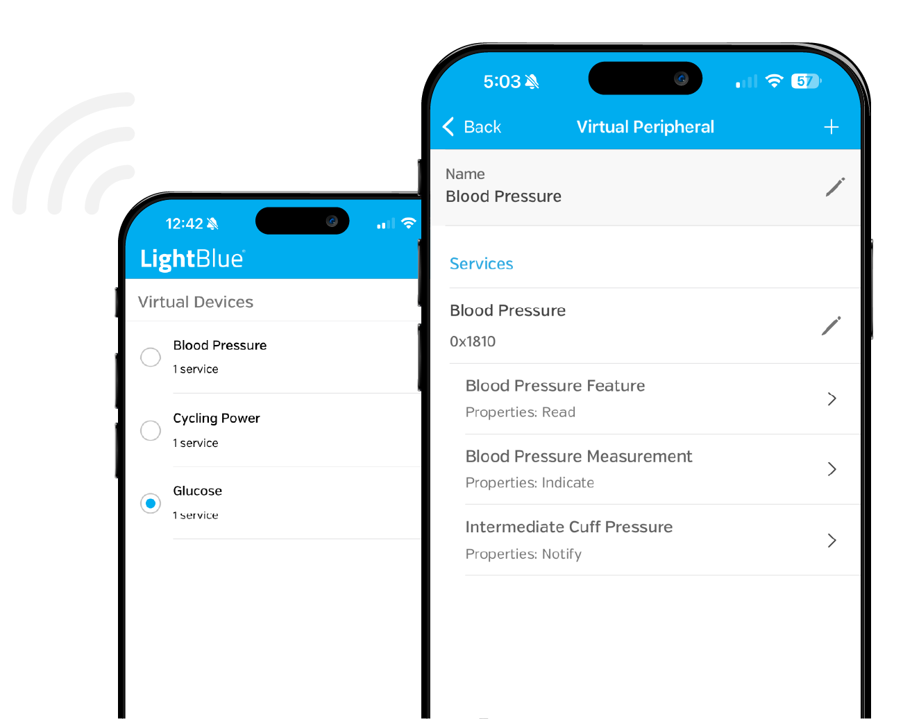 LightBlue app displaying Virtual Peripheral configuration interface