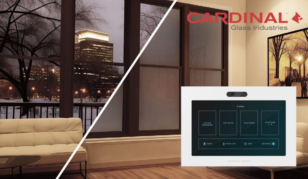 Living room with a white couch and large windows showing before-and-after of CLiC Smart Privacy Glass&mdash;clear on one side, frosted on the other&mdash;with control panel overlay.