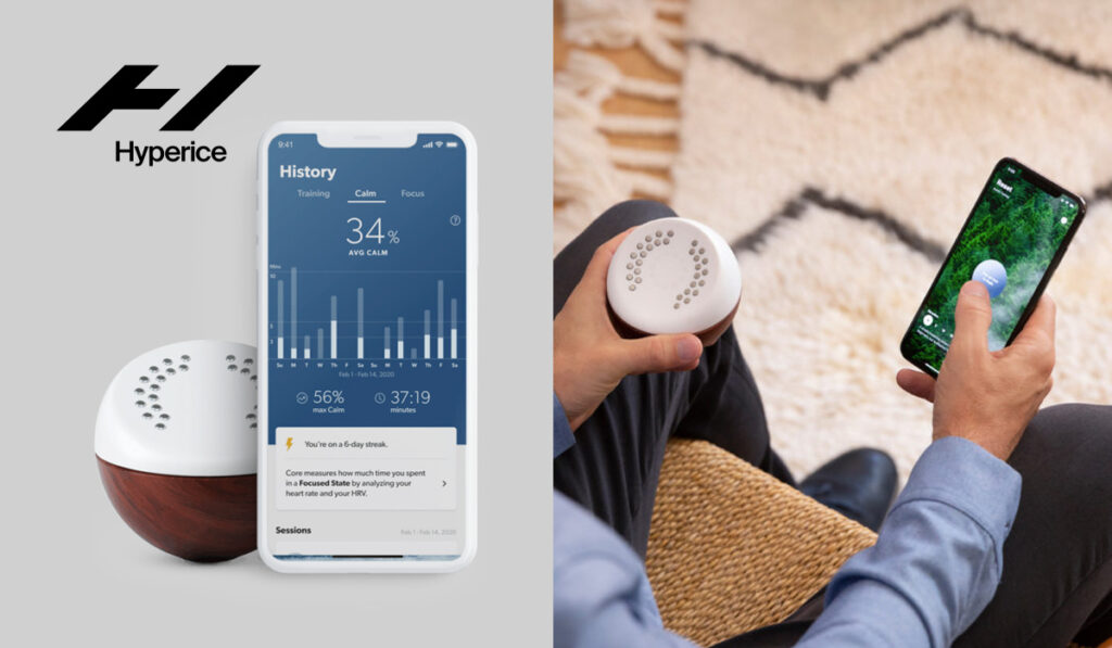 Hyperice Core handheld meditation trainer shown with companion mobile app displaying biofeedback metrics like calm percentage and session history.