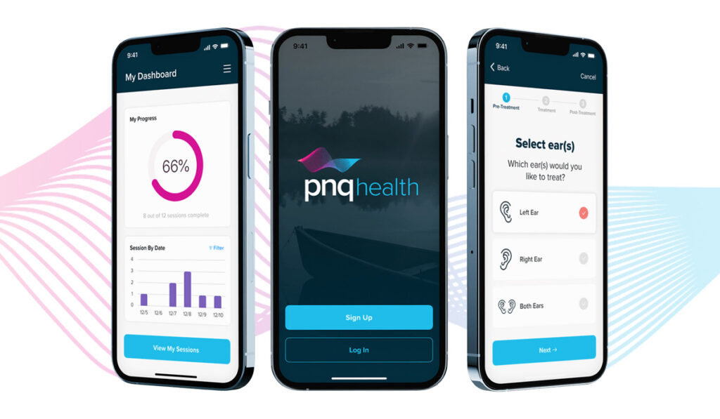 Three smartphone screens displaying the PNQ Health tinnitus therapy app, a SaMD solution, with views of the login screen, treatment progress dashboard, and ear selection interface.