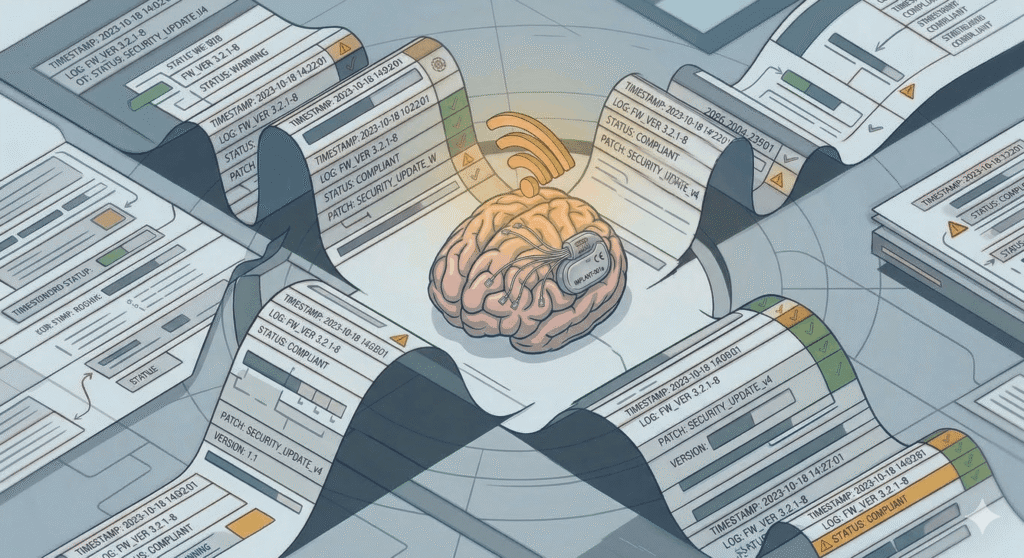 Illustration of a brain with a wireless signal icon, surrounded by scrolling system logs and security update reports, suggesting connected or monitored neural technology.