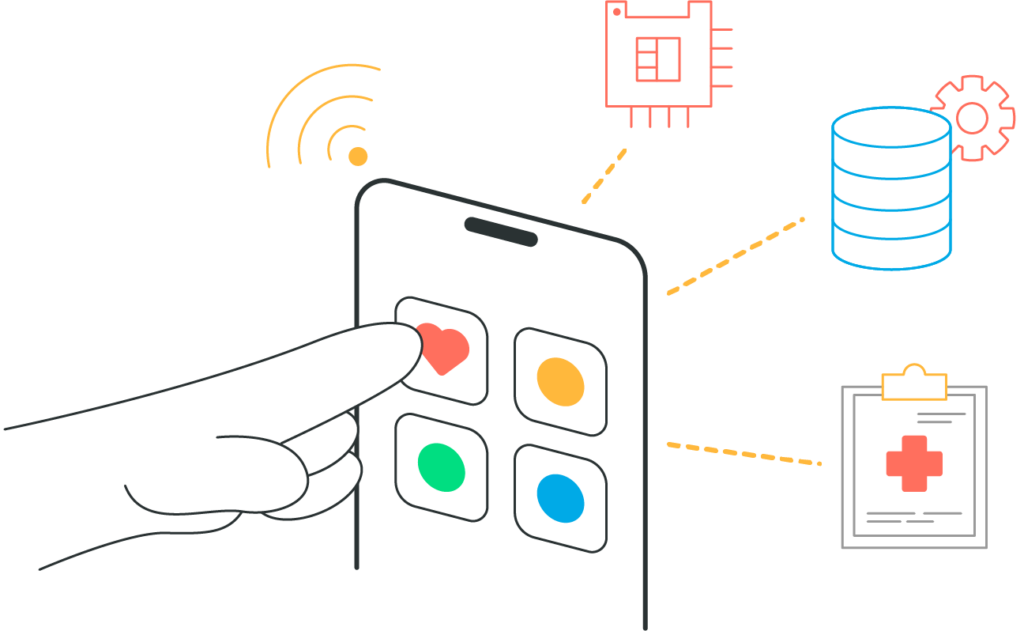 Illustration showing mobile app development coordinated across firmware, backend, and clinical engineering teams with shared integration points