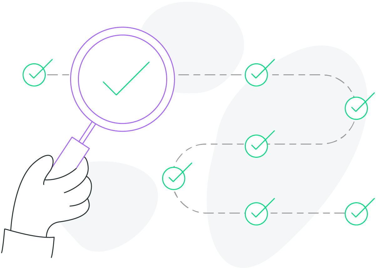 An illustration of a hand holding a magnifying glass and following a weaving path of check marks.